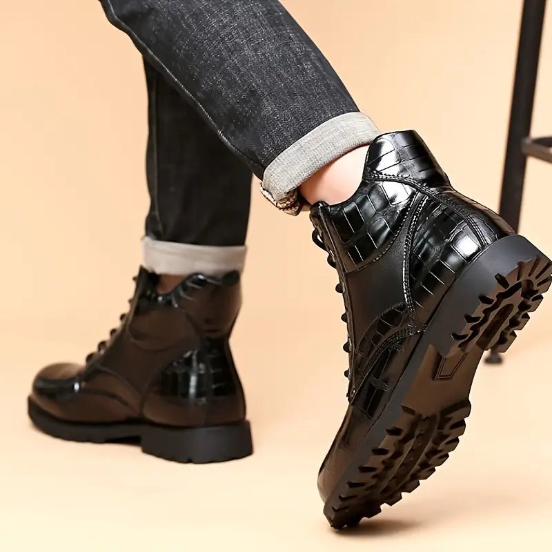 Men's Vintage Grid Pattern PU Leather Work Boots