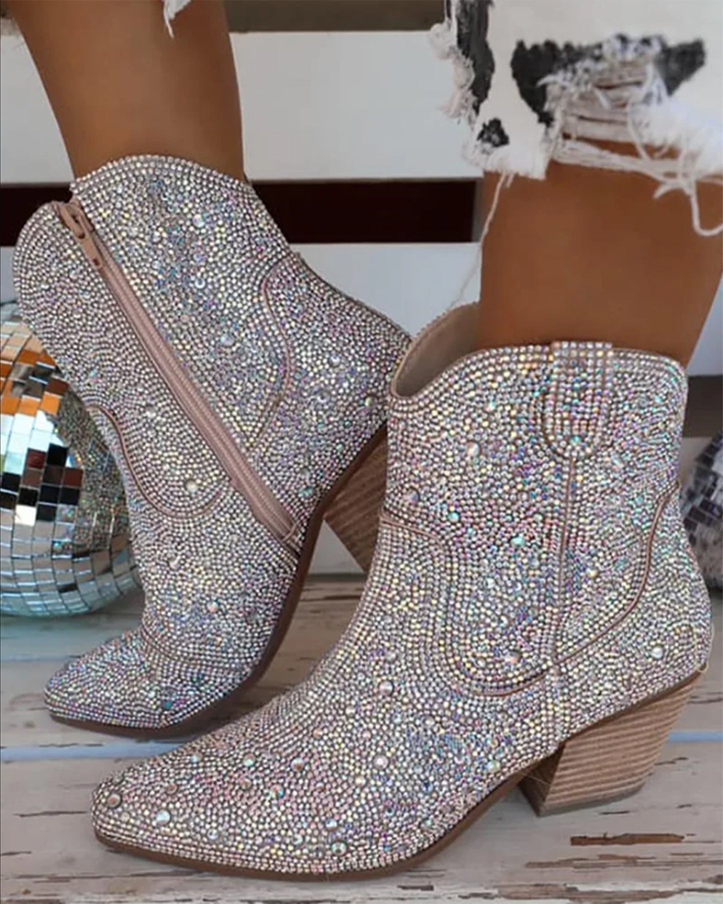 Women's Ankle Western Boots Rhinestone Glitter Bling Shiny Chic Cowgirl