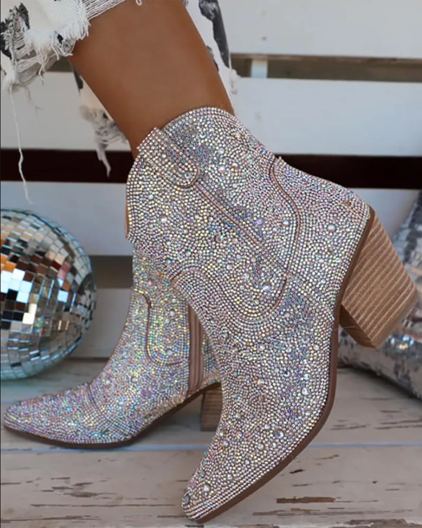 Women's Ankle Western Boots Rhinestone Glitter Bling Shiny Chic Cowgirl