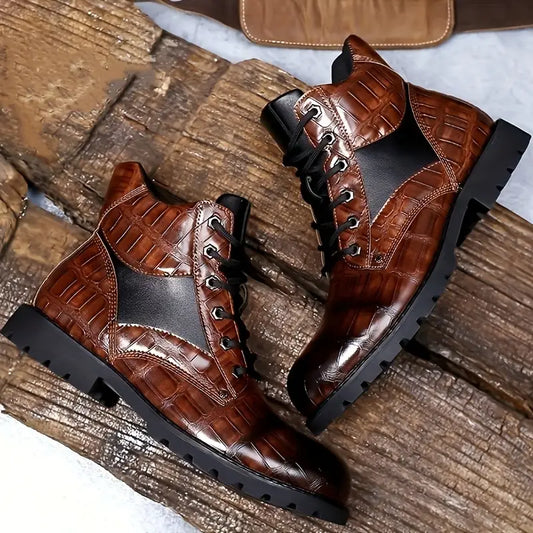 Men's Vintage Grid Pattern PU Leather Work Boots