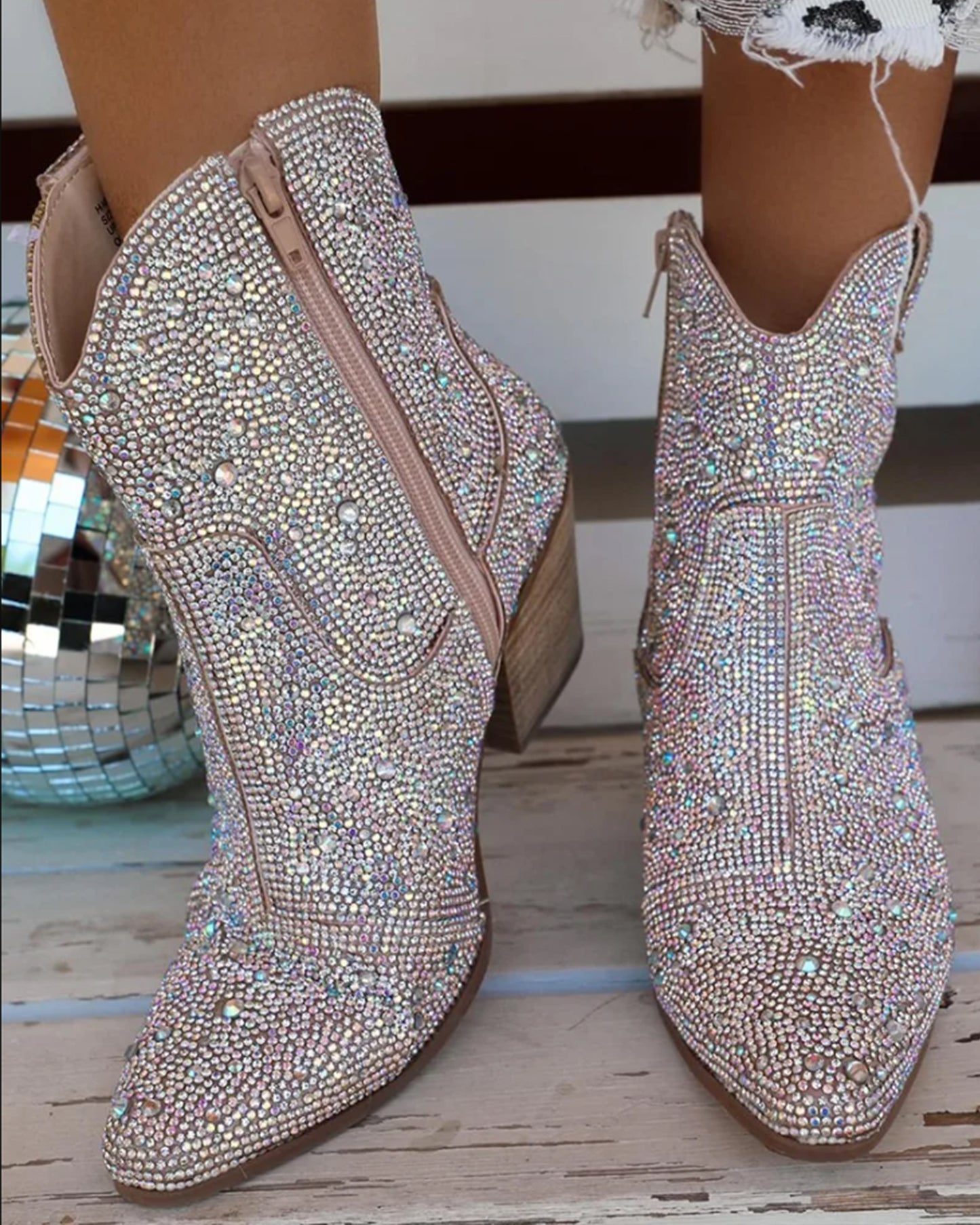 Women's Ankle Western Boots Rhinestone Glitter Bling Shiny Chic Cowgirl