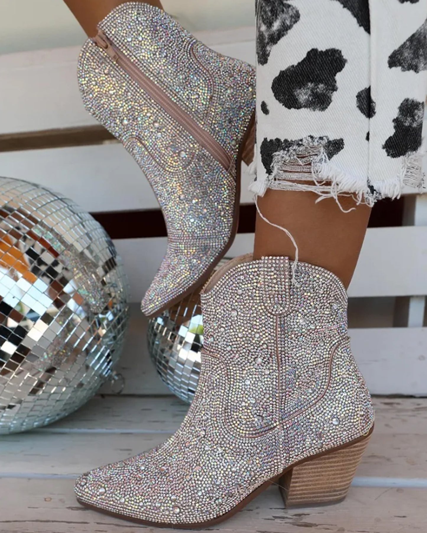 Women's Ankle Western Boots Rhinestone Glitter Bling Shiny Chic Cowgirl