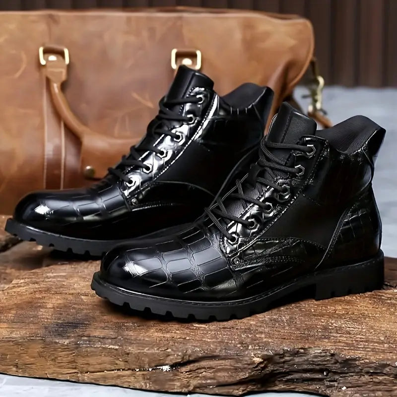 Men's Vintage Grid Pattern PU Leather Work Boots