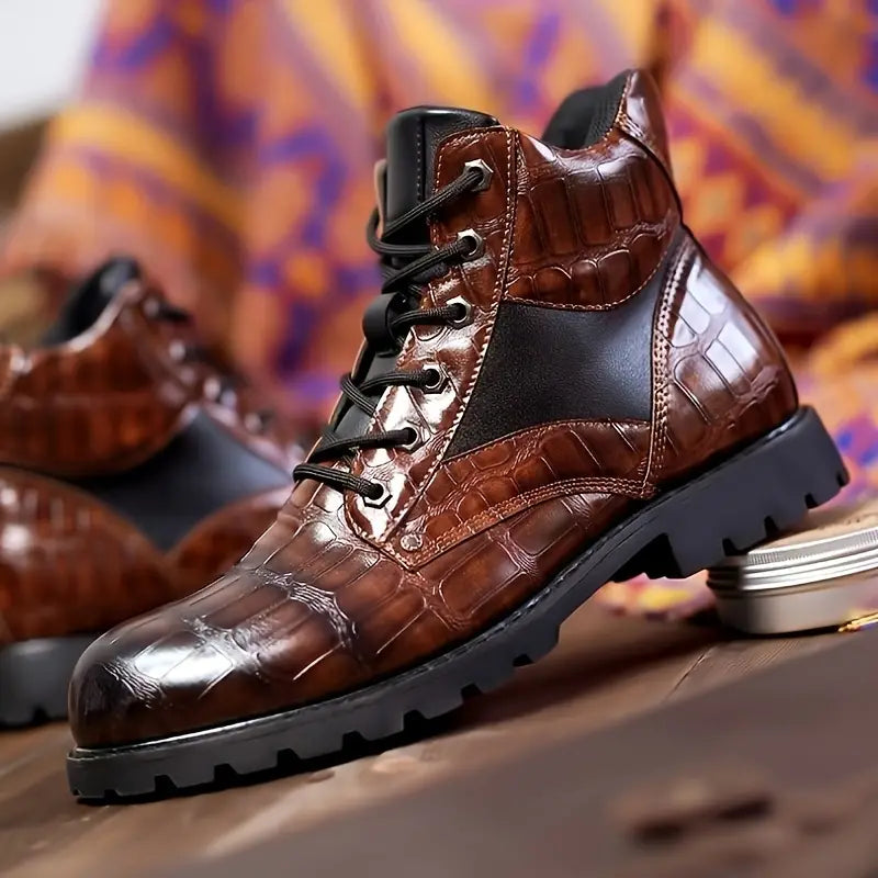 Men's Vintage Grid Pattern PU Leather Work Boots