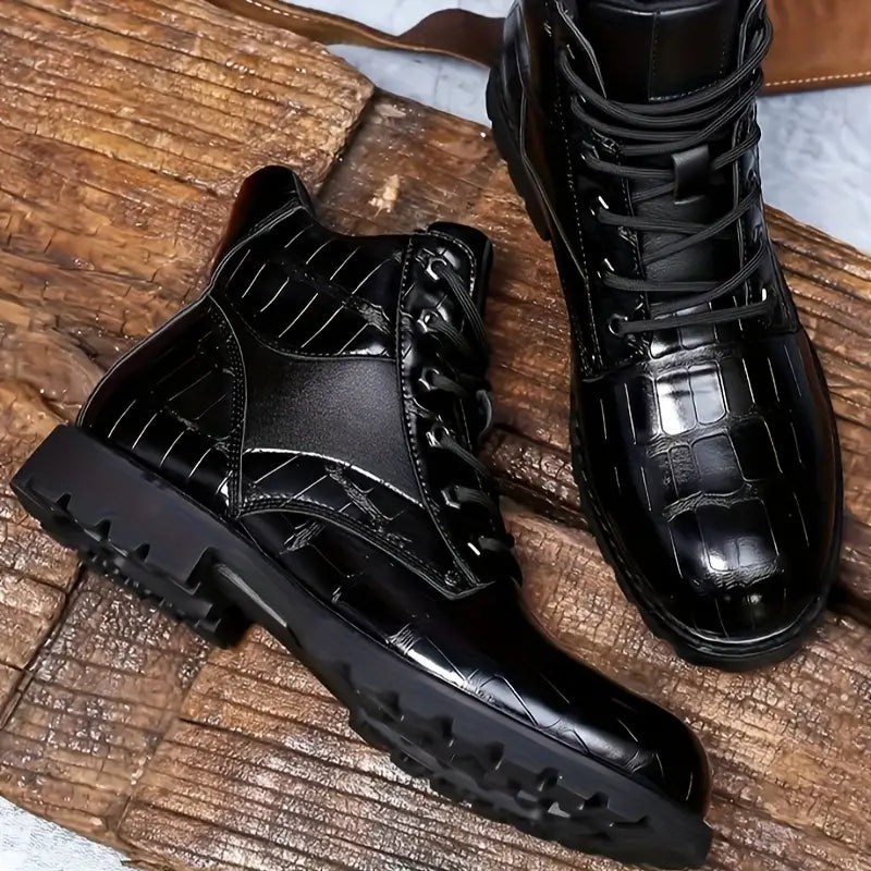 Men's Vintage Grid Pattern PU Leather Work Boots