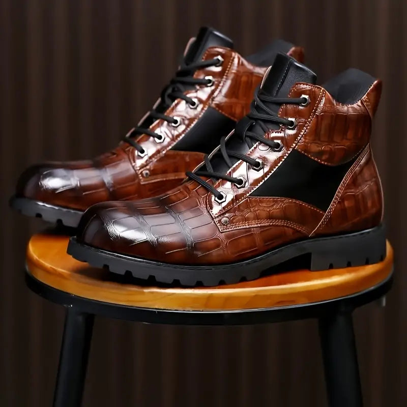 Men's Vintage Grid Pattern PU Leather Work Boots