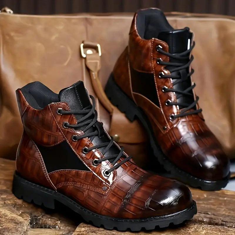 Men's Vintage Grid Pattern PU Leather Work Boots