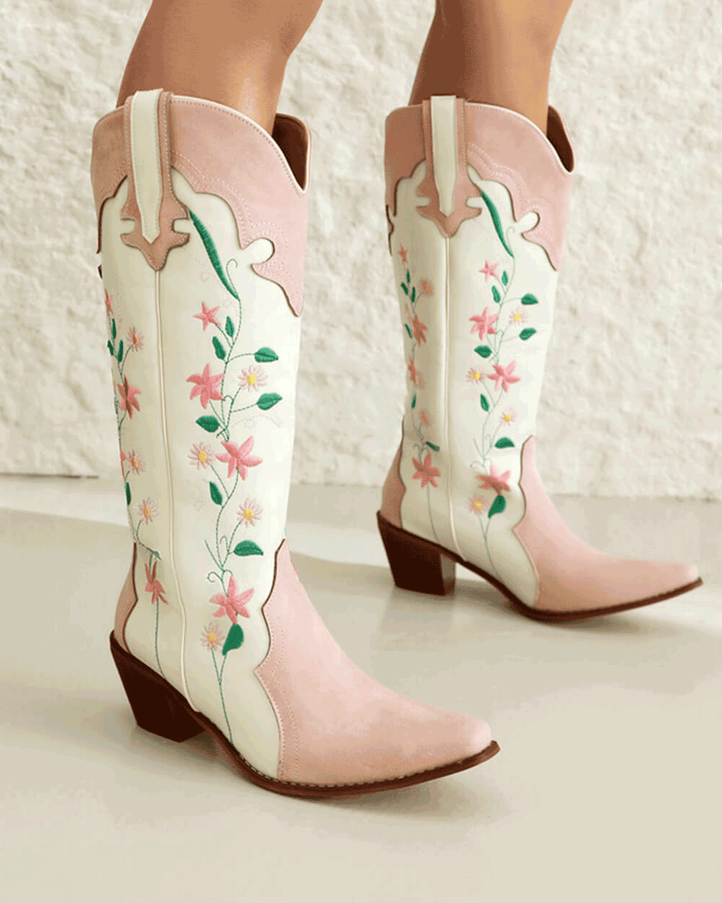 Pink Floral Printed Western Cowgirl Block Heeled Knee High Boots