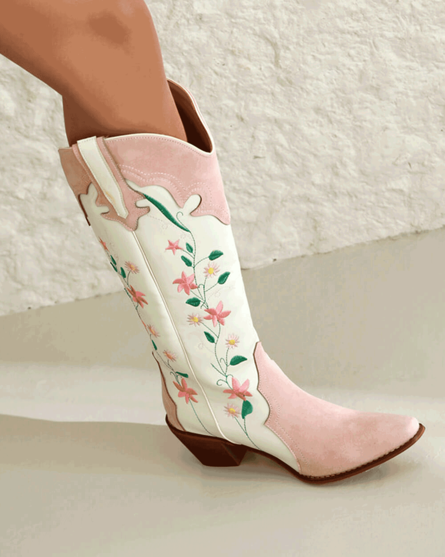 Pink Floral Printed Western Cowgirl Block Heeled Knee High Boots