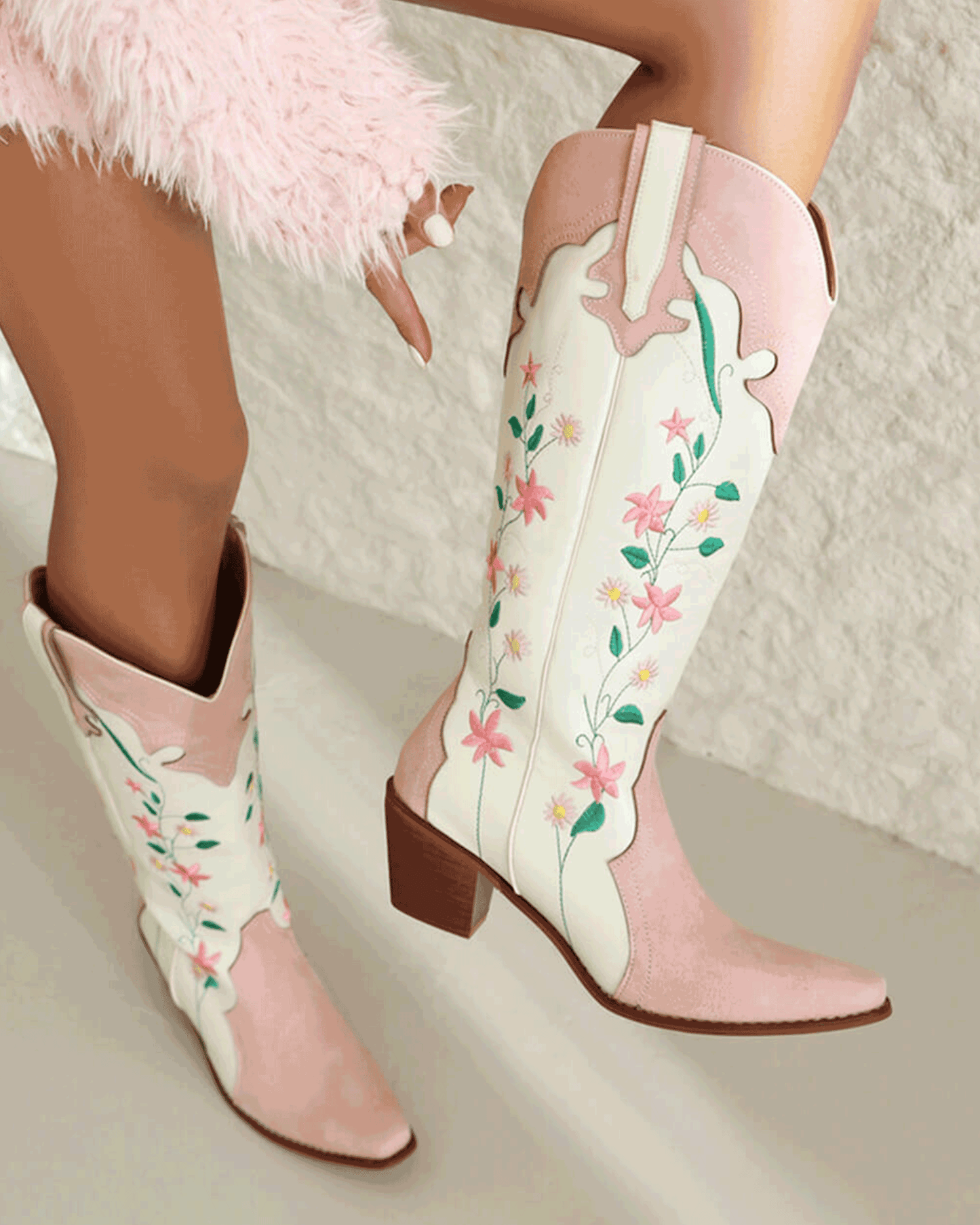 Pink Floral Printed Western Cowgirl Block Heeled Knee High Boots