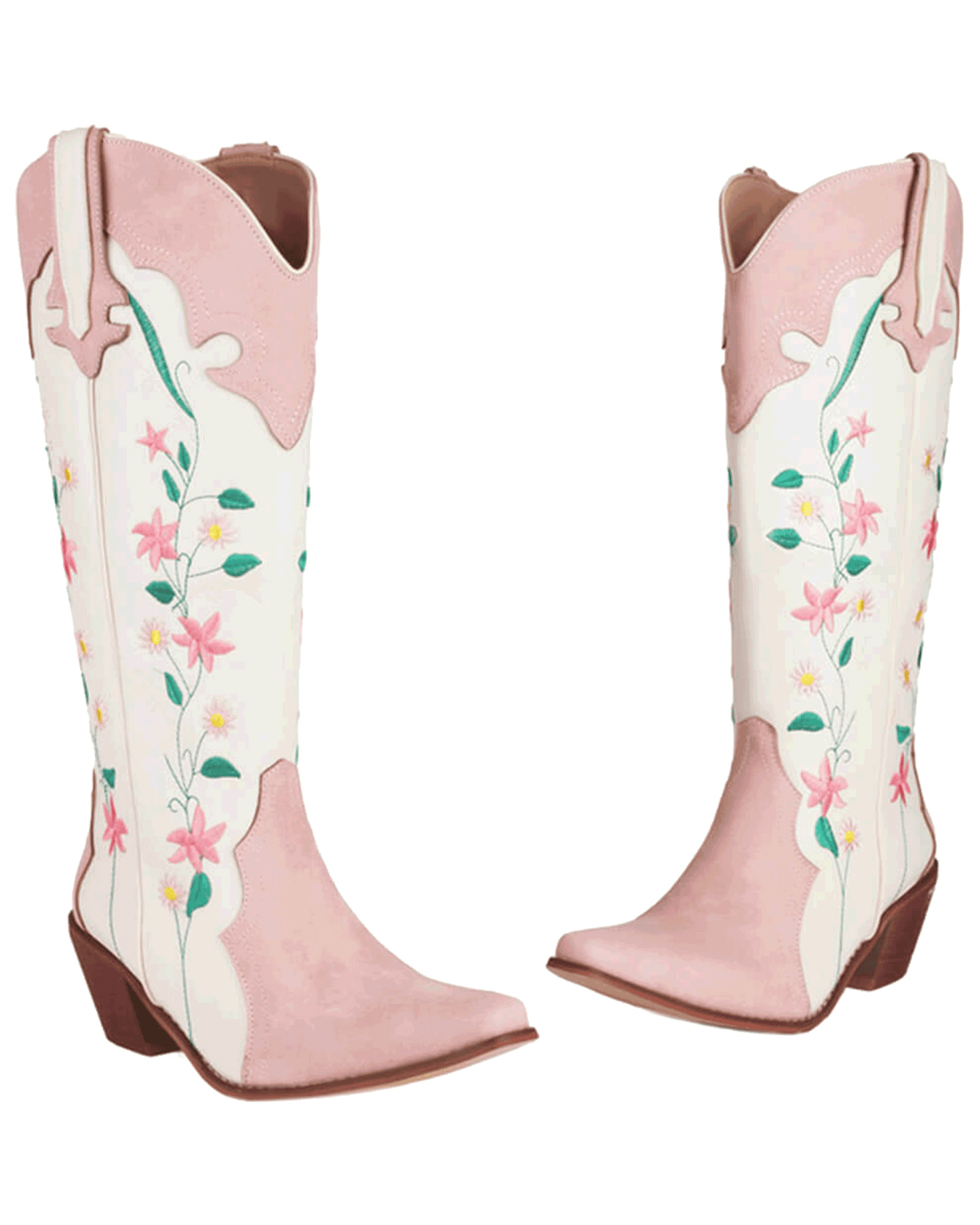 Pink Floral Printed Western Cowgirl Block Heeled Knee High Boots