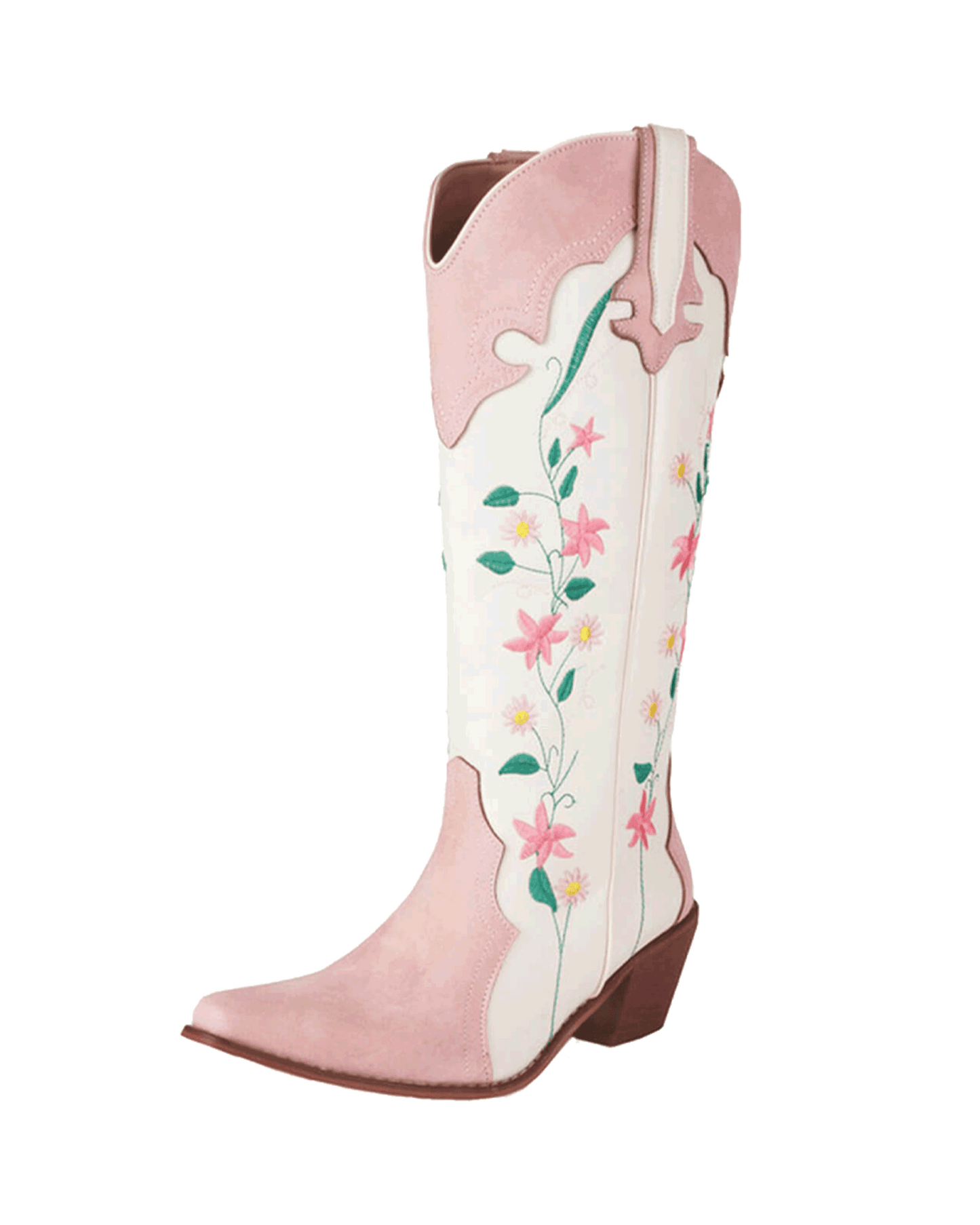 Pink Floral Printed Western Cowgirl Block Heeled Knee High Boots