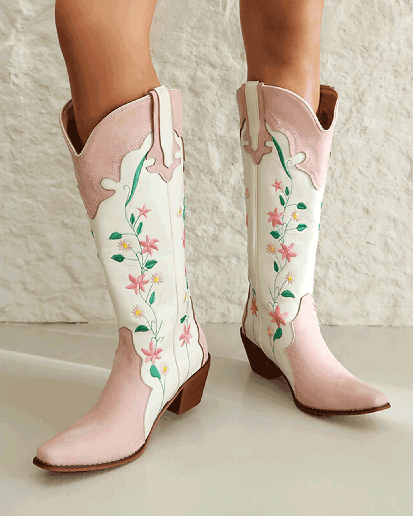 Pink Floral Printed Western Cowgirl Block Heeled Knee High Boots